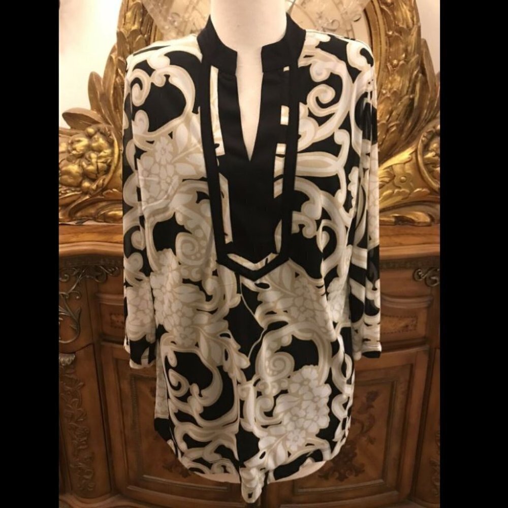 Covington Women's Top Blouse Size Large Floral 3/4 Sleeve Tan/White/Black B5